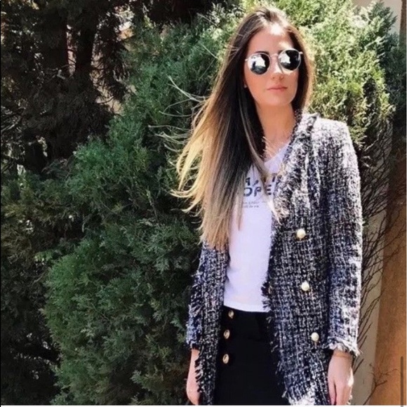 Zara Metallic Tweed Boucle Jacket Pearl Buttons - Picture 4 of 11